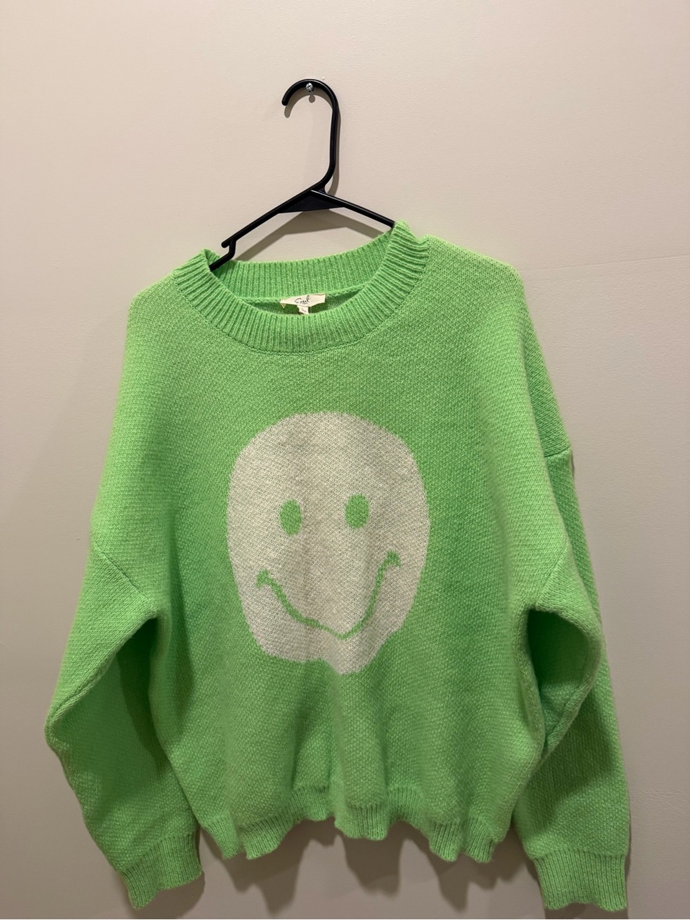 easel Lime Green Crewneck Sweater with White Smiley